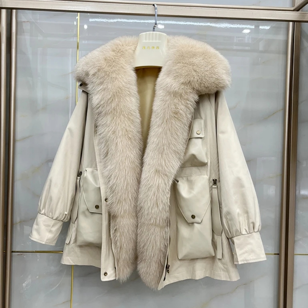 Women Parka Fashion Coat Thick Natrual Real Rabbit Fur Liner With Real Fox Fur - Picture 7 of 8